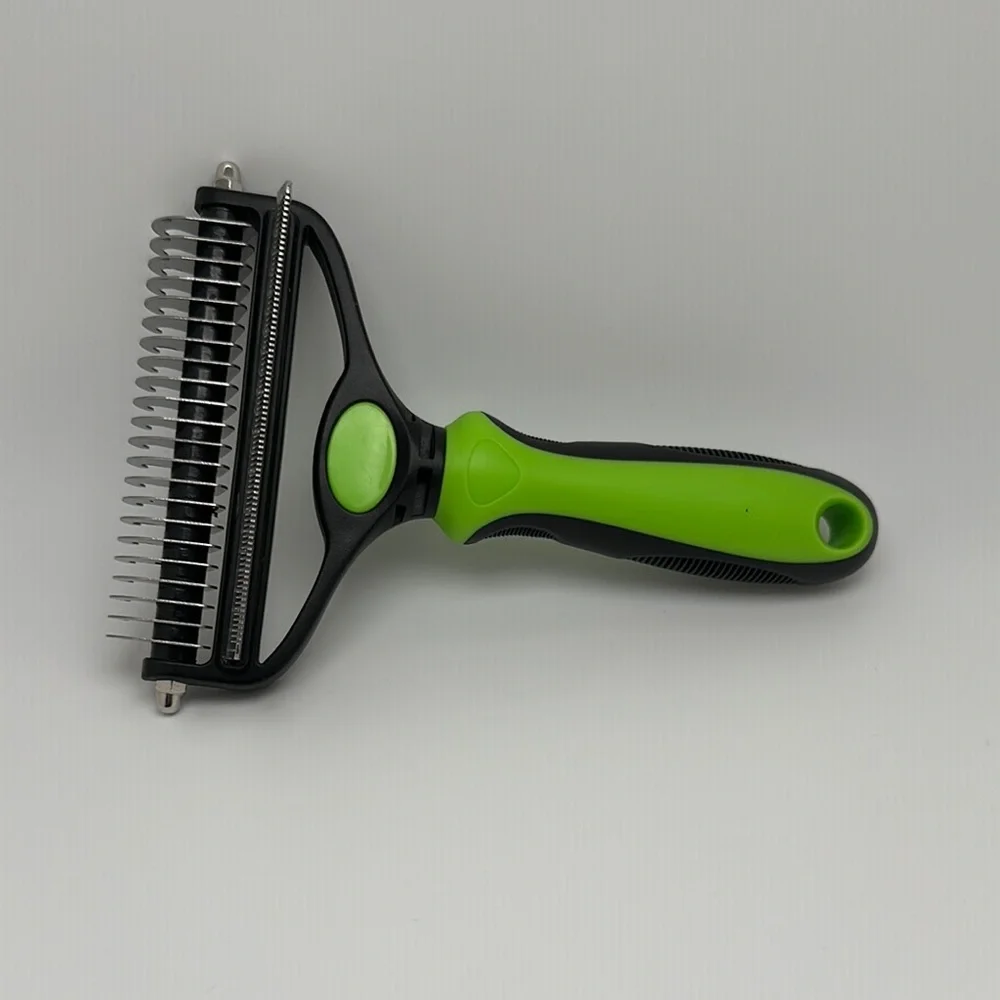 Green and Black Dog Deshedding Brush with Ergonomic Handle